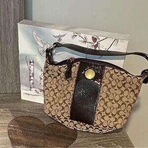 Coach Brown and Black Shoulder Bag with Signature Monogram